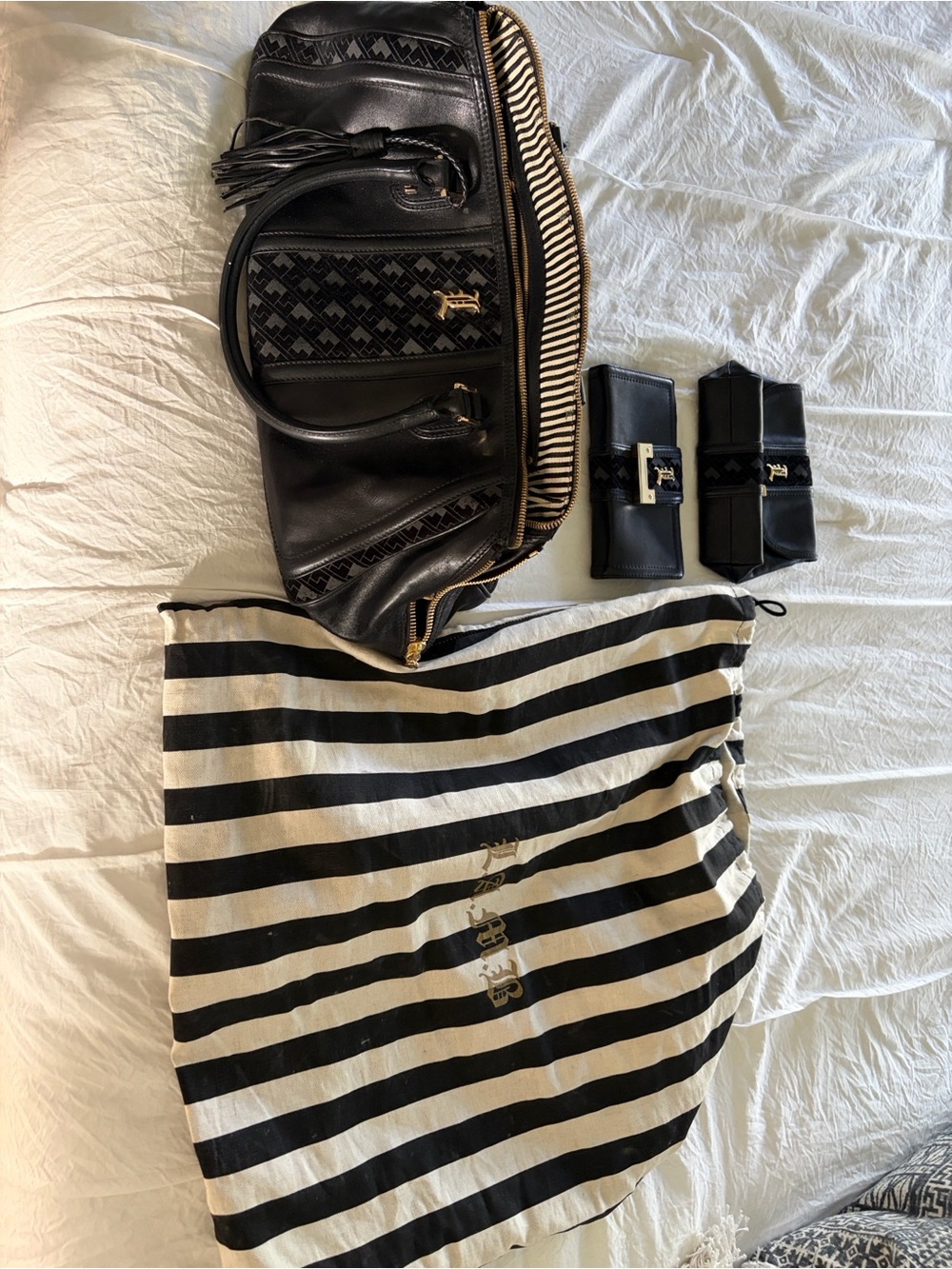 L.A.M.B. Black Leather Satchel with Striped Lining and Gold Hardware